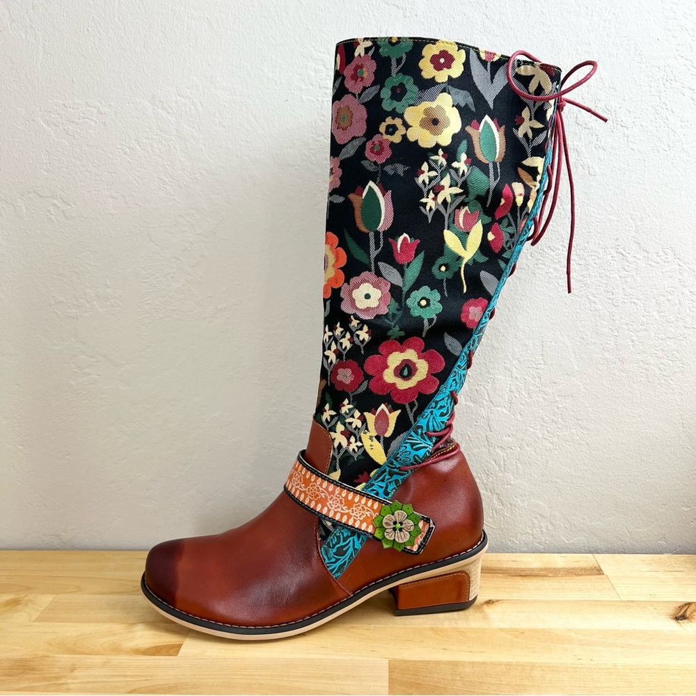 NEW Soffia Brown Leather Floral Brocade Fabric Lace Up Knee High Boots Size 42